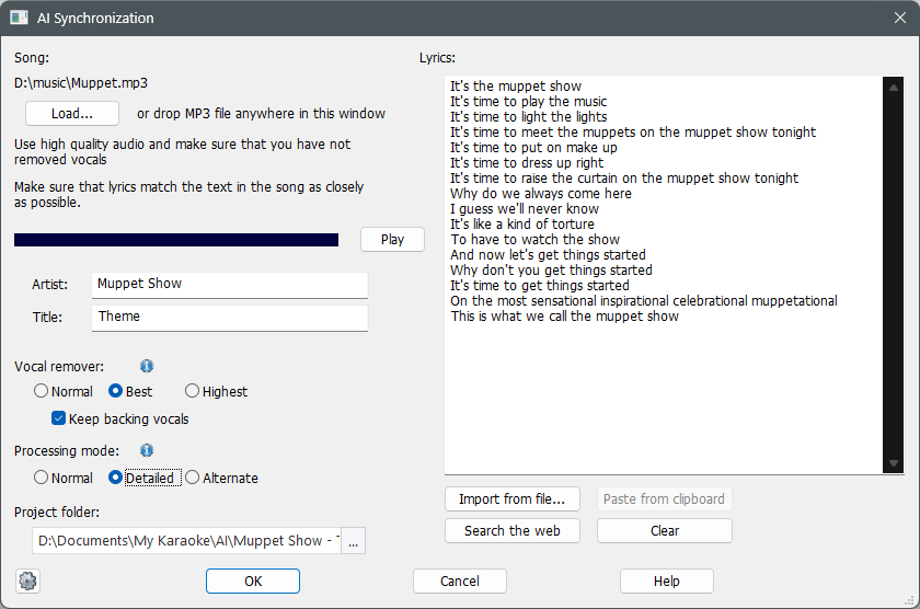 AI Synchronization window with MP3 soundtrack, lyrics, vocal removal, and synchronization settings
