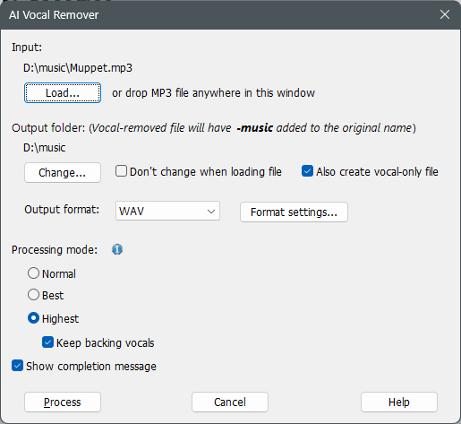 AI Vocal Remover settings with processing modes and keep backing vocals option