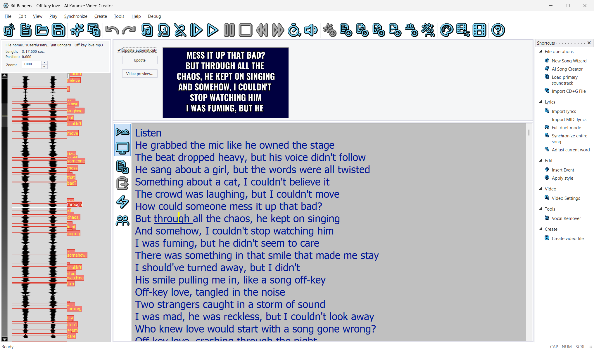 AI Karaoke Video Creator editor showing soundtrack timing labels, lyrics, and video preview