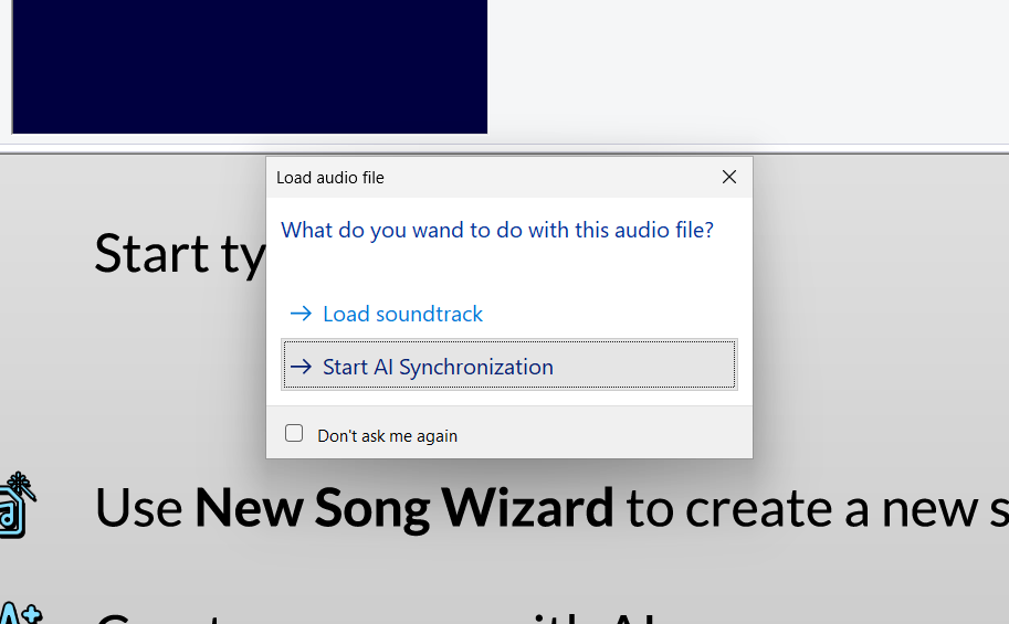 AI Karaoke Video Creator prompt for loading a soundtrack or starting AI synchronization