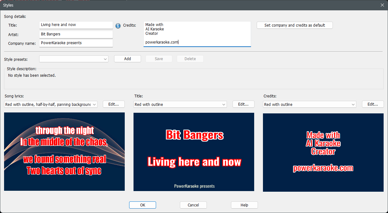 AI Karaoke Video Creator Styles window with lyric, title, and credit previews