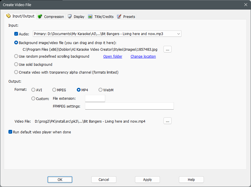 Create Video File window showing audio, background, MP4, AVI, MPEG, and WebM output choices
